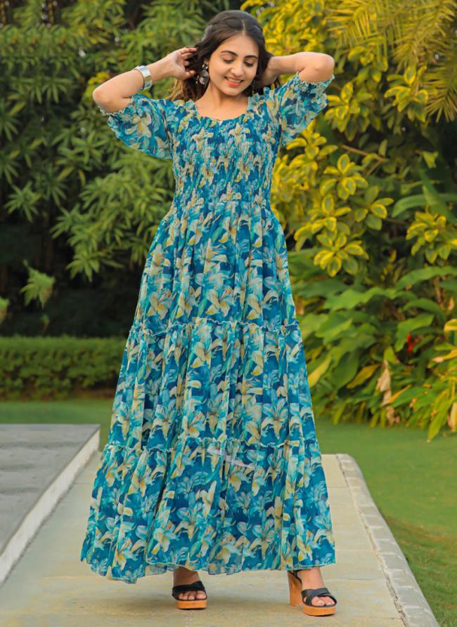 Georgette Sky Blue Party Wear Printed Readymade Maxi Dress